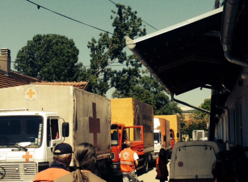 FIVE TRUCKS CARRYING AID SET OFF FROM BUJANOVAC RED CROSS OFFICE